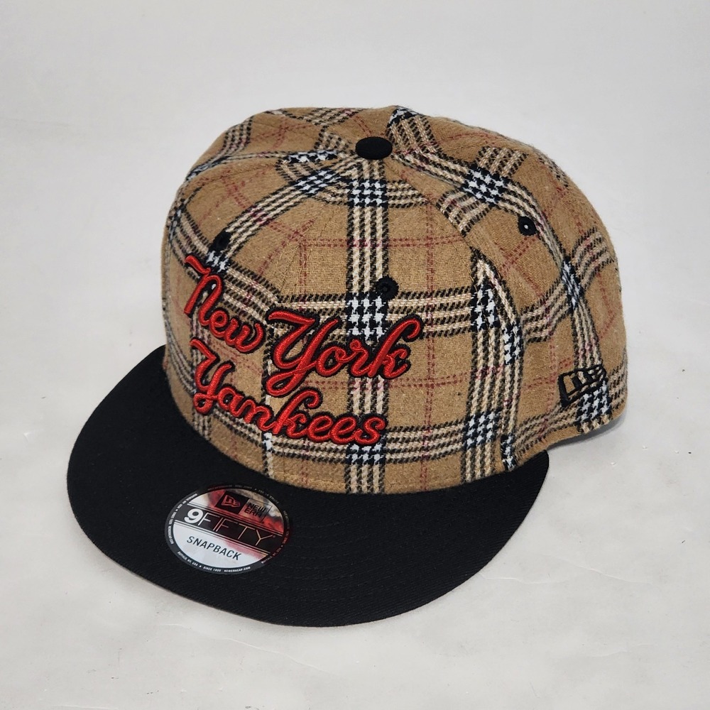 NY Yankees MLB Baseball Hat Adult Tan Tartan Plaid Snapback Cap New Era 9Fifty